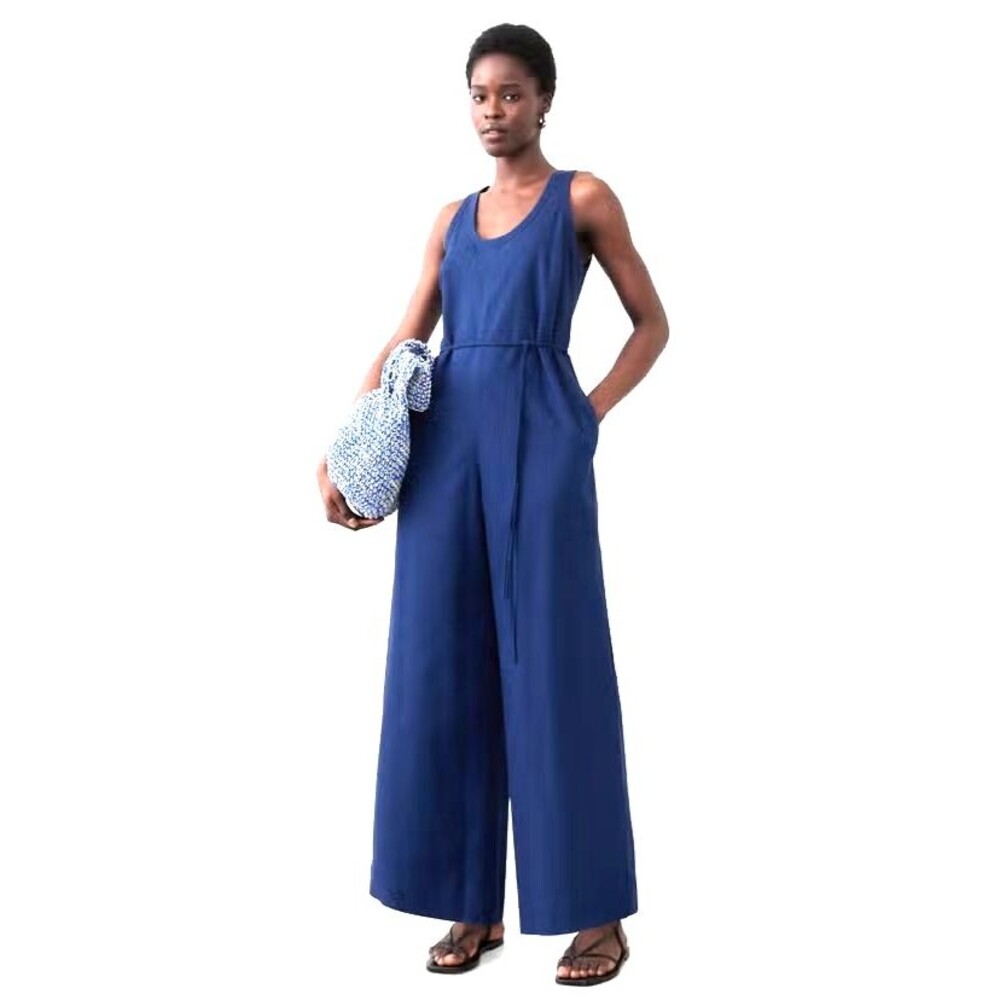 BANANA REPUBLIC XL Navy Linen Blend Pockets Belt  Wide-Leg Jumpsuit Travel